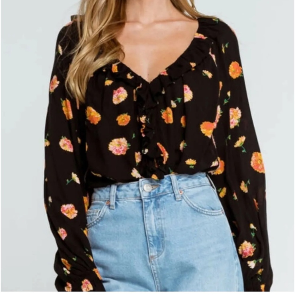Free People Poppy Lace Inset Floral Long Sleeve Printed Bodysuit XS